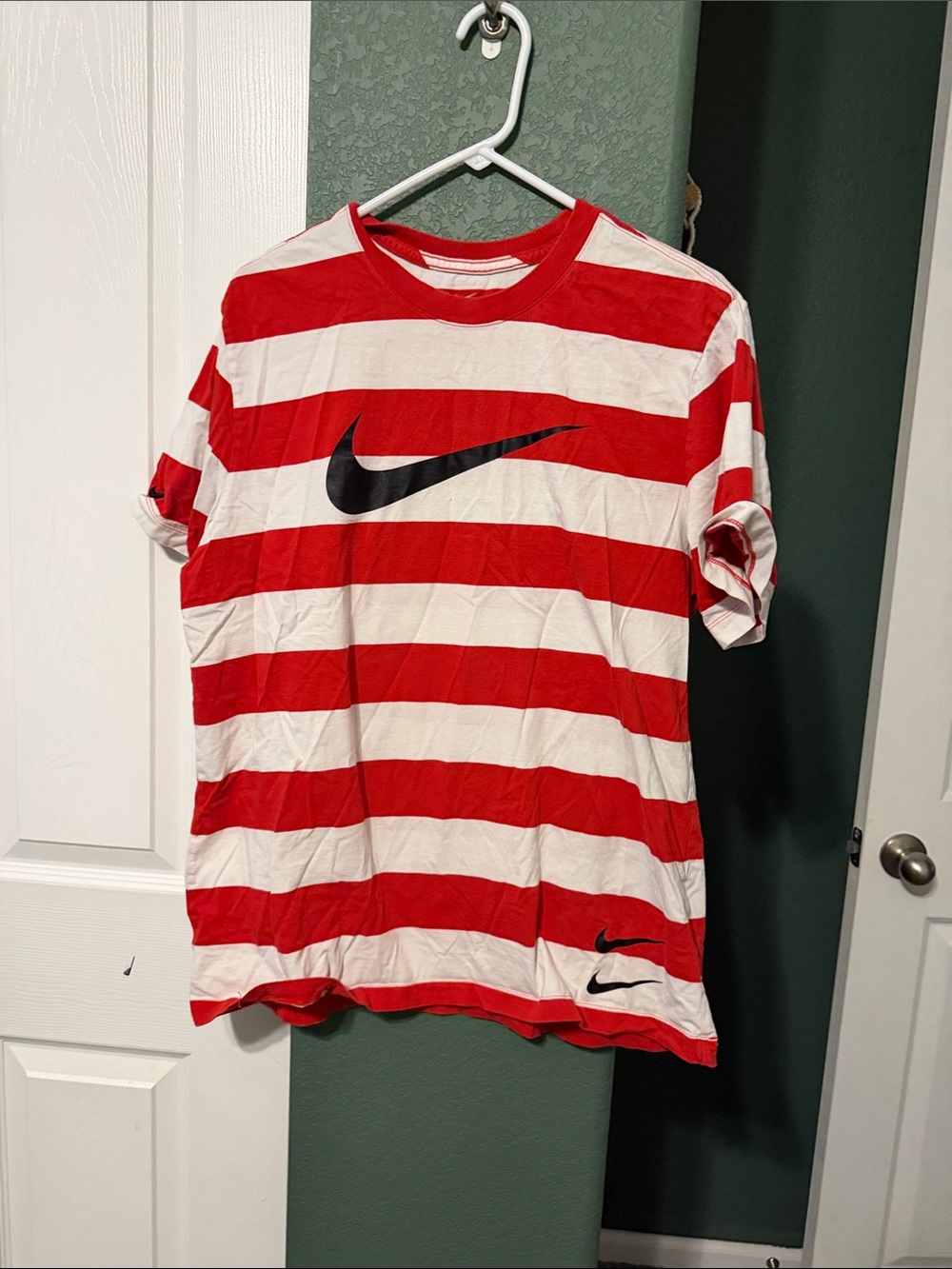 Nike Red & White Striped Short Sleeve Tee with Black Swoosh